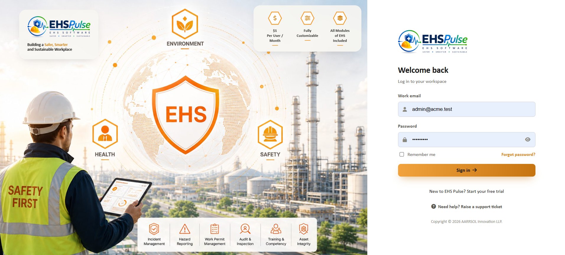 EHSPulse login screen showing the multi-tenant workspace, live product overview, and pricing
