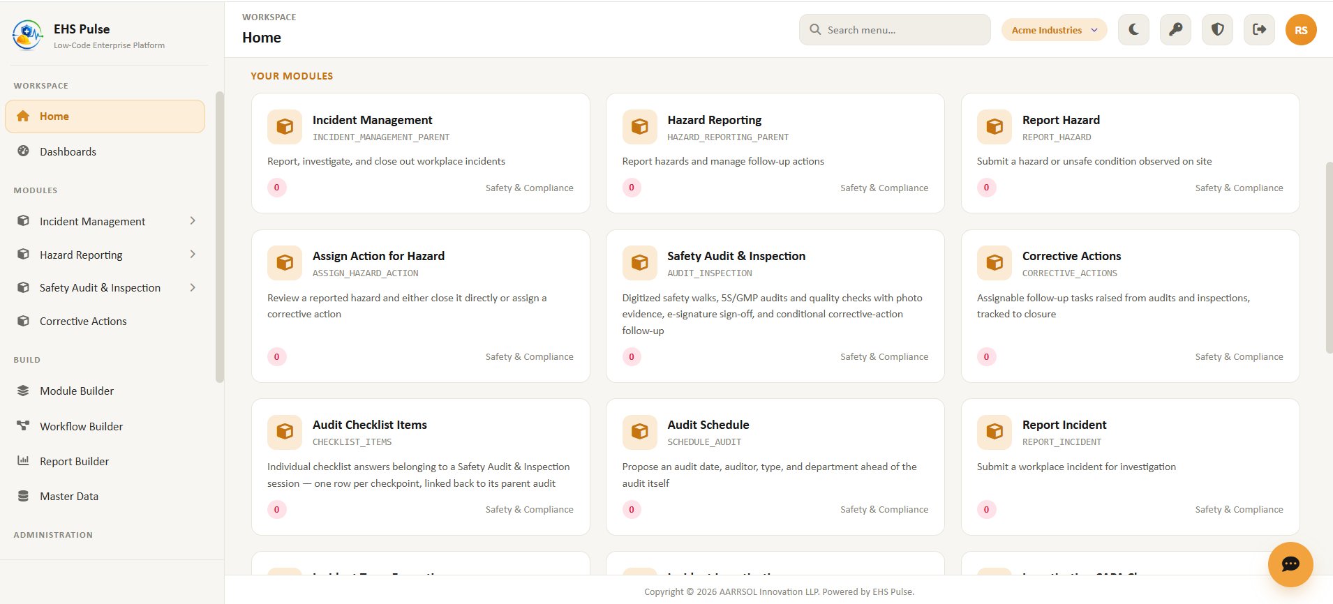 EHSPulse home screen showing all modules — Incident Management, Hazard Reporting, Safety Audit & Inspection, Corrective Actions, and more