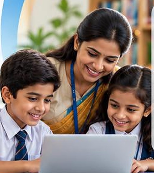 Teacher and students using GurukulOne on a laptop in a classroom