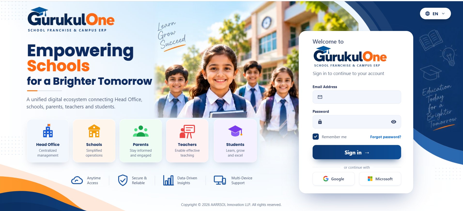 GurukulOne sign-in screen connecting Head Office, schools, parents, teachers and students